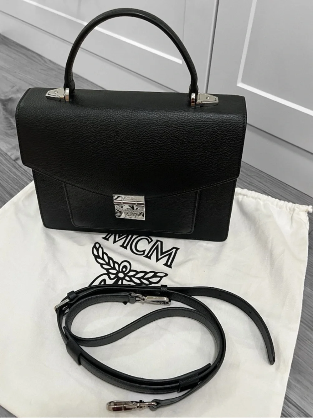 MCM Patricia Pocket Satchel in Black Grained Leather - Picture 1 of 10